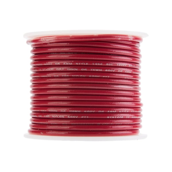 THHN Building Wire, Copper, 12 AWG, Red, Solid, 100 ft